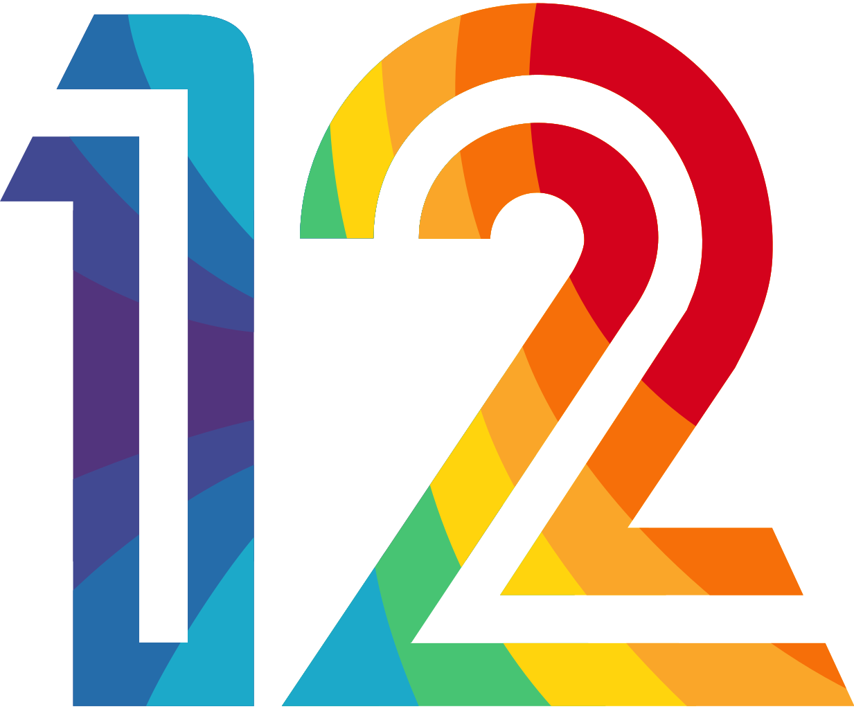 מספר 12 בעיצוב צבעוני עם גוונים שונים של כחול, סגול, אדום וצהוב.